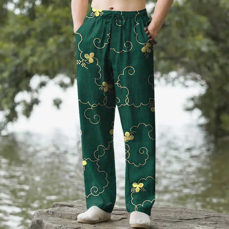 Buddha Stones Herrenhose aus Baumwolle mit goldenem Blumen- und Wolkenmuster, schmal zulaufend und mit Taschen - Waldgrün - US/ UK/AU50, EU60 (5XL) - image 0