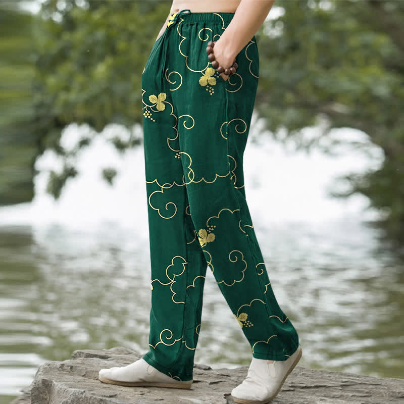 Buddha Stones Herrenhose aus Baumwolle mit goldenem Blumen- und Wolkenmuster, schmal zulaufend und mit Taschen - image 1