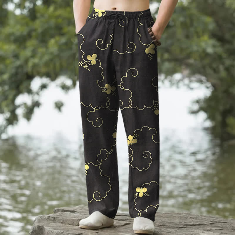 Buddha Stones Herrenhose aus Baumwolle mit goldenem Blumen- und Wolkenmuster, schmal zulaufend und mit Taschen - Schwarz - US/ UK/AU50, EU60 (5XL) - image 4