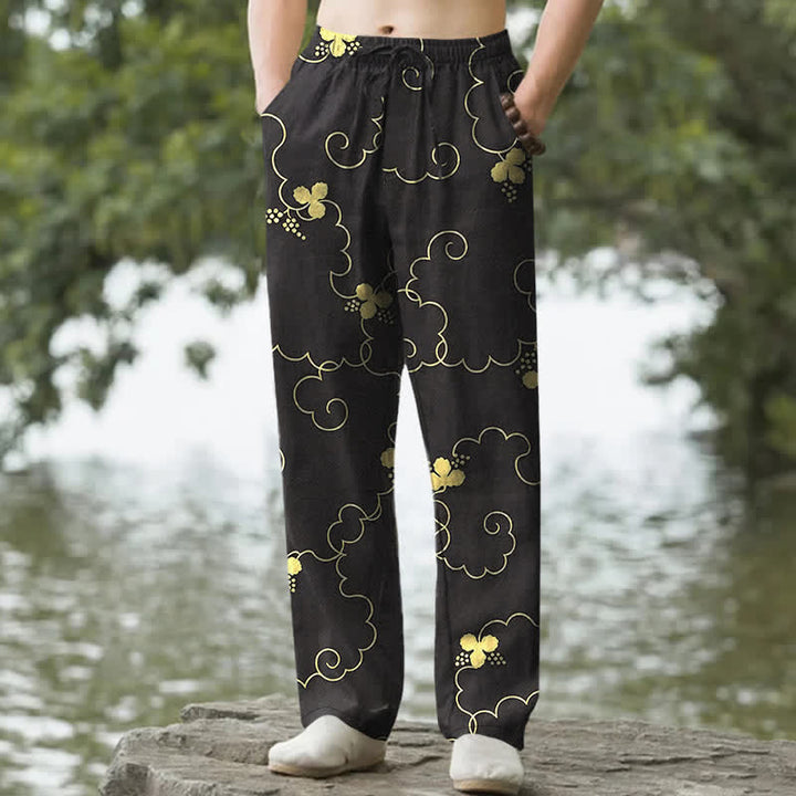 Buddha Stones Herrenhose aus Baumwolle mit goldenem Blumen- und Wolkenmuster, schmal zulaufend und mit Taschen - Schwarz - US/ UK/AU50, EU60 (5XL) - image 4