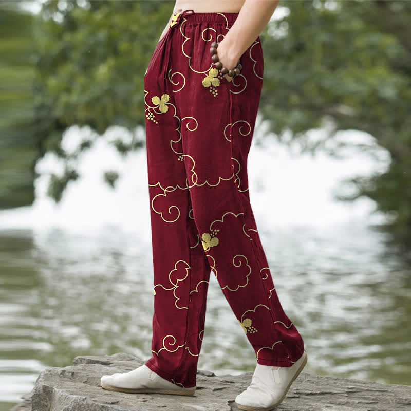 Buddha Stones Herrenhose aus Baumwolle mit goldenem Blumen- und Wolkenmuster, schmal zulaufend und mit Taschen - image 9