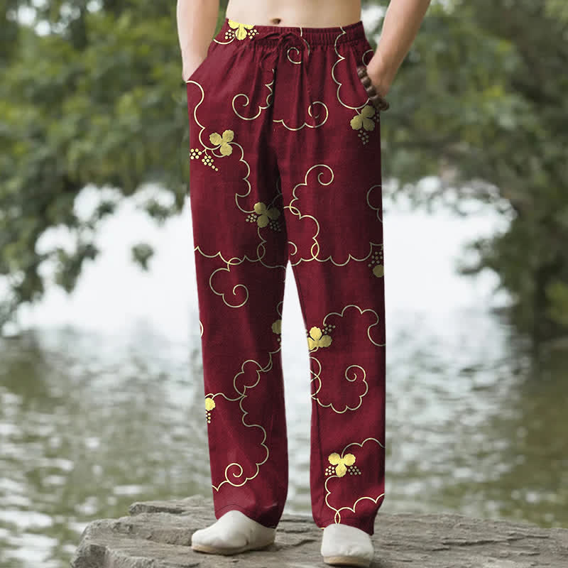 Buddha Stones Herrenhose aus Baumwolle mit goldenem Blumen- und Wolkenmuster, schmal zulaufend und mit Taschen - Kastanienbraun - US/ UK/AU50, EU60 (5XL) - image 8