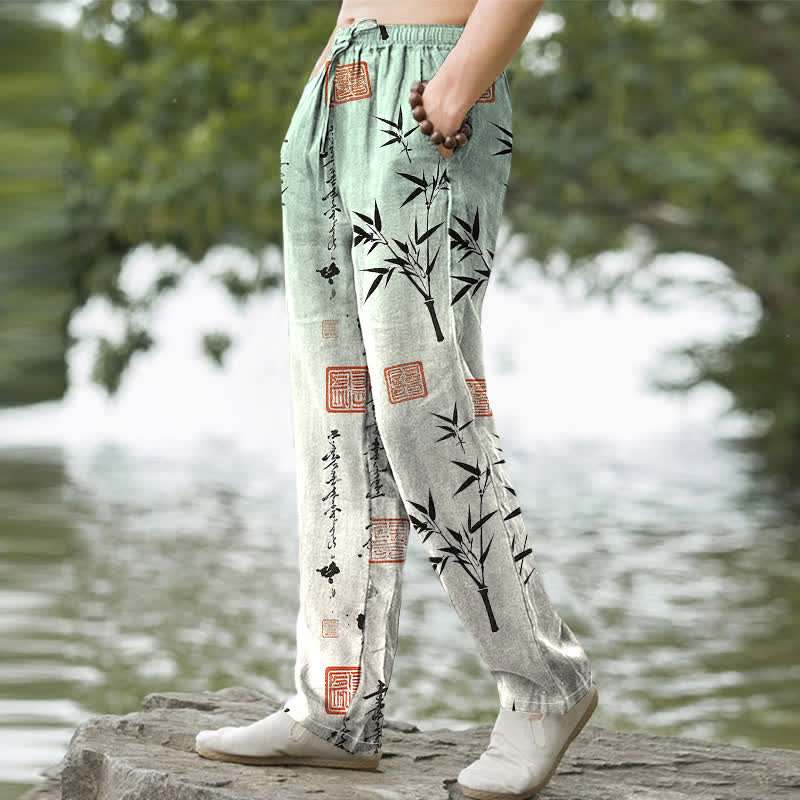 Buddha Stones Herrenhose mit schmal zulaufendem Schnitt und Taschen, bedruckt mit Baumwolltinte und Bambusmuster - image 1