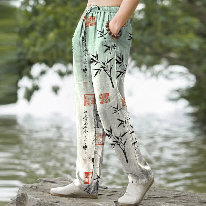 Buddha Stones Herrenhose mit schmal zulaufendem Schnitt und Taschen, bedruckt mit Baumwolltinte und Bambusmuster - image 1