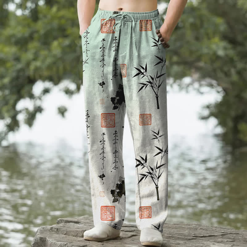 Buddha Stones Herrenhose mit schmal zulaufendem Schnitt und Taschen, bedruckt mit Baumwolltinte und Bambusmuster - Hellgrün - US/ UK/AU50, EU60 (5XL) - image 0