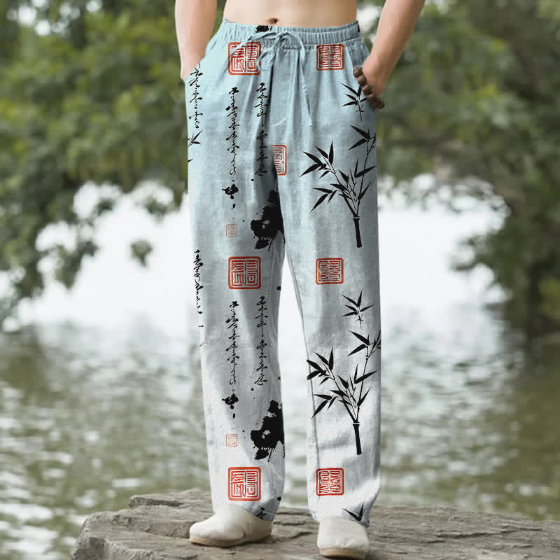 Buddha Stones Herrenhose mit schmal zulaufendem Schnitt und Taschen, bedruckt mit Baumwolltinte und Bambusmuster - Helltürkis - US/ UK/AU50, EU60 (5XL) - image 4