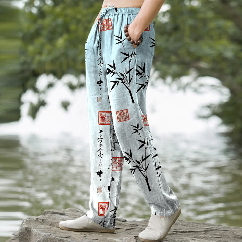 Buddha Stones Herrenhose mit schmal zulaufendem Schnitt und Taschen, bedruckt mit Baumwolltinte und Bambusmuster - image 5
