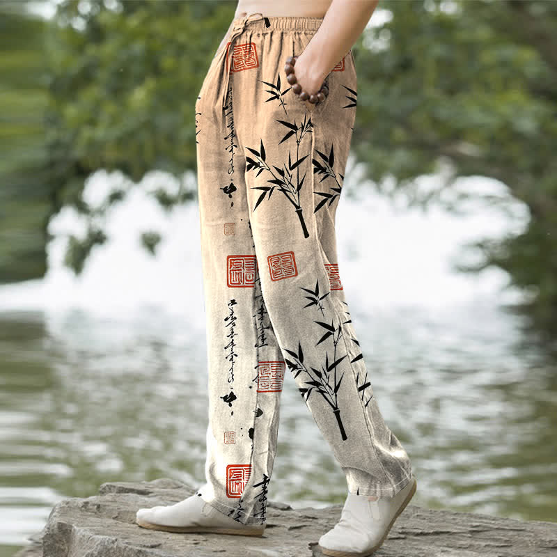 Buddha Stones Herrenhose mit schmal zulaufendem Schnitt und Taschen, bedruckt mit Baumwolltinte und Bambusmuster - image 9