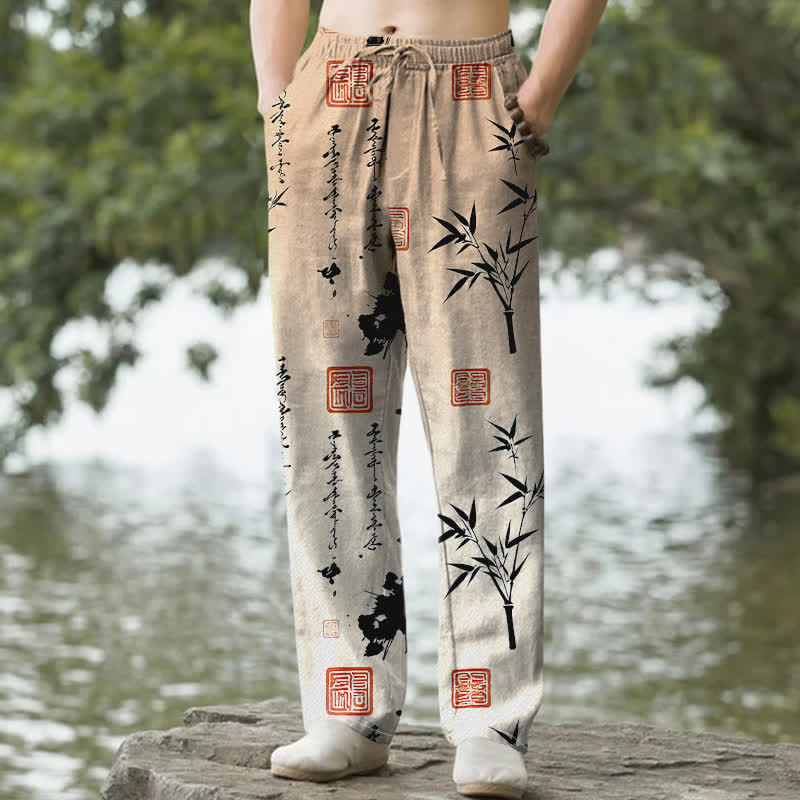 Buddha Stones Herrenhose mit schmal zulaufendem Schnitt und Taschen, bedruckt mit Baumwolltinte und Bambusmuster - BurlyWood - US/ UK/AU50, EU60 (5XL) - image 8