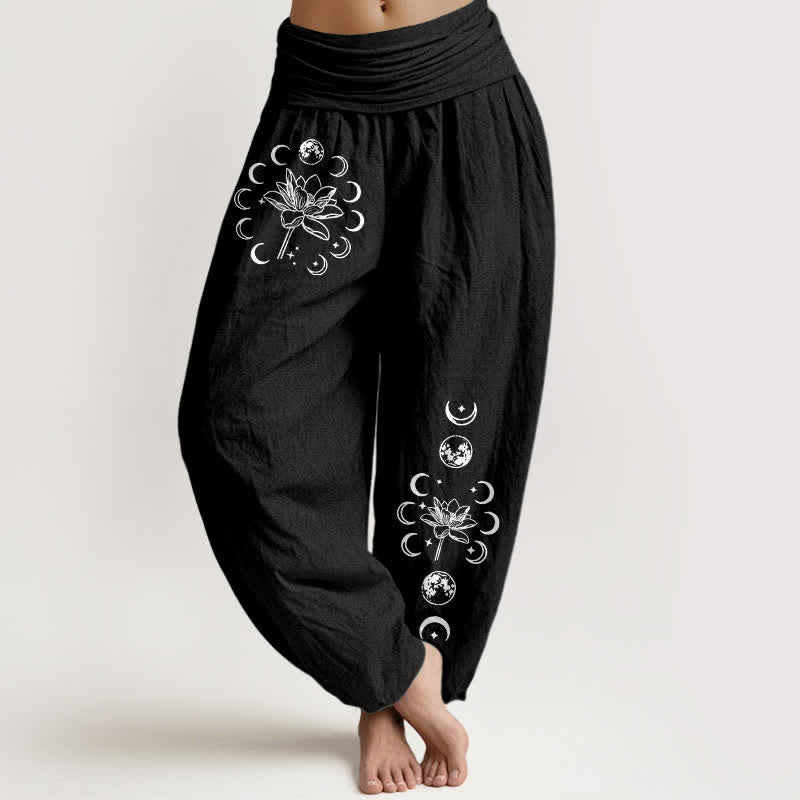 Buddha Stones Damen-Haremshose aus reiner Baumwolle mit Lotus-Mondphasenmuster und elastischem Bund - Schwarz - US16, UK/AU20, EU48 (3XL) - image 0