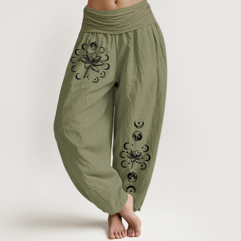 Buddha Stones Damen-Haremshose aus reiner Baumwolle mit Lotus-Mondphasenmuster und elastischem Bund - Olivgrün - US16, UK/AU20, EU48 (3XL) - image 14