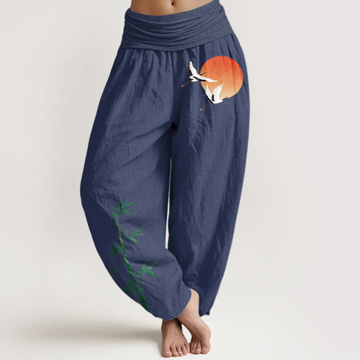 Buddha Stones Damen-Haremshose aus reiner Baumwolle mit Sonnenkranich- und Bambusmuster, elastischer Bund - Dunkelschieferblau - US16, UK/AU20, EU48 (3XL) - image 8