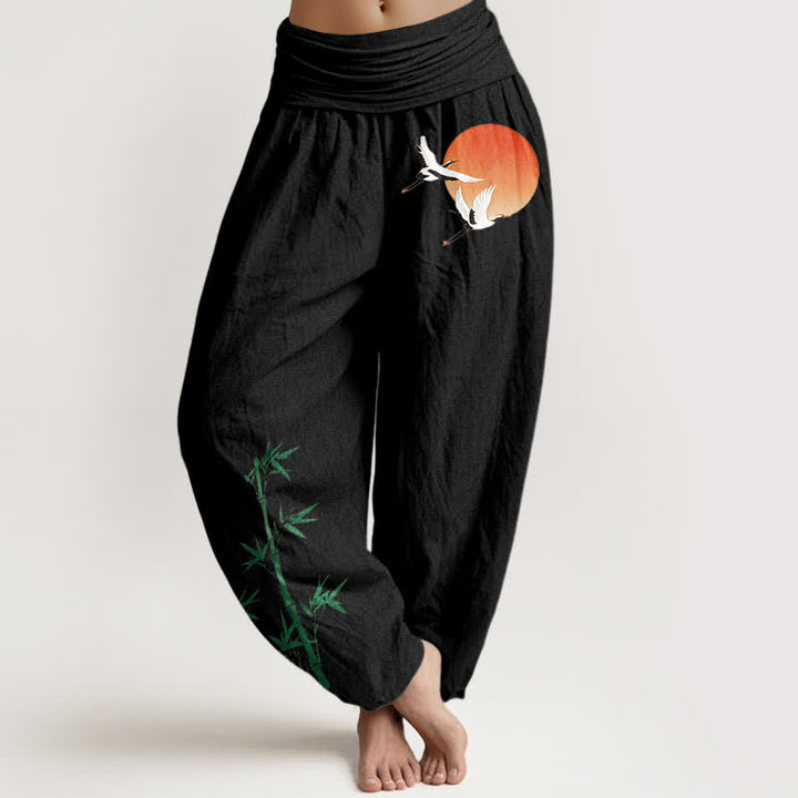 Buddha Stones Damen-Haremshose aus reiner Baumwolle mit Sonnenkranich- und Bambusmuster, elastischer Bund - Schwarz - US16, UK/AU20, EU48 (3XL) - image 5