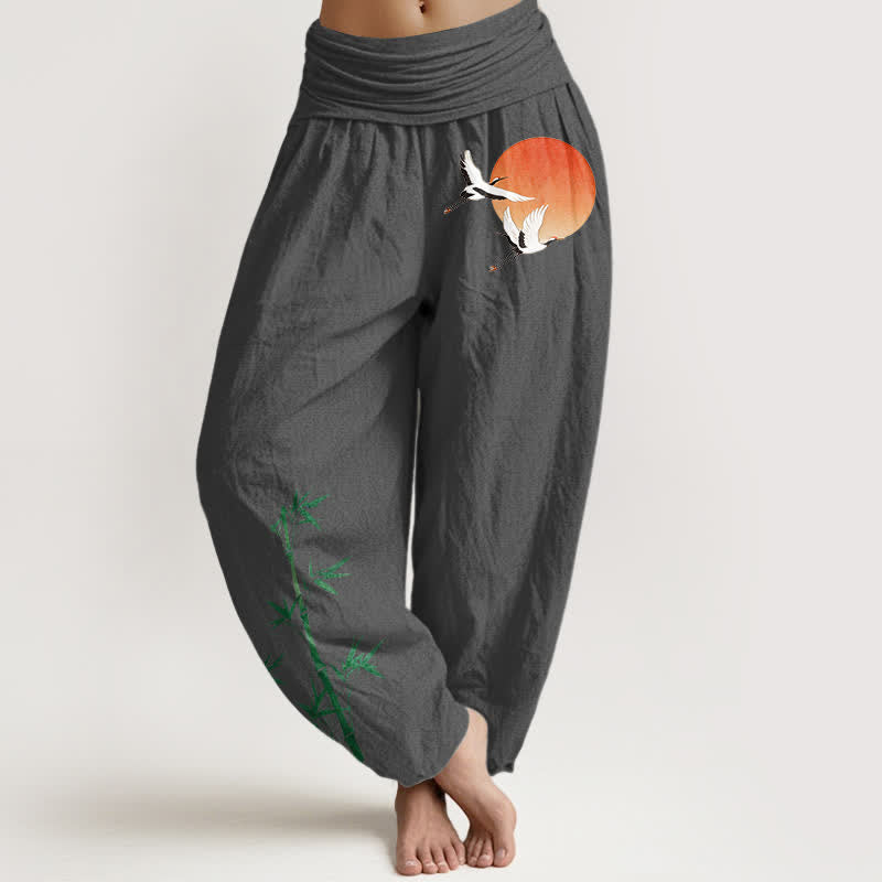 Buddha Stones Damen-Haremshose aus reiner Baumwolle mit Sonnenkranich- und Bambusmuster, elastischer Bund - DimGray - US16, UK/AU20, EU48 (3XL) - image 11