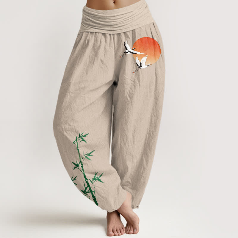 Buddha Stones Damen-Haremshose aus reiner Baumwolle mit Sonnenkranich- und Bambusmuster, elastischer Bund - Leinen - US16, UK/AU20, EU48 (3XL) - image 0