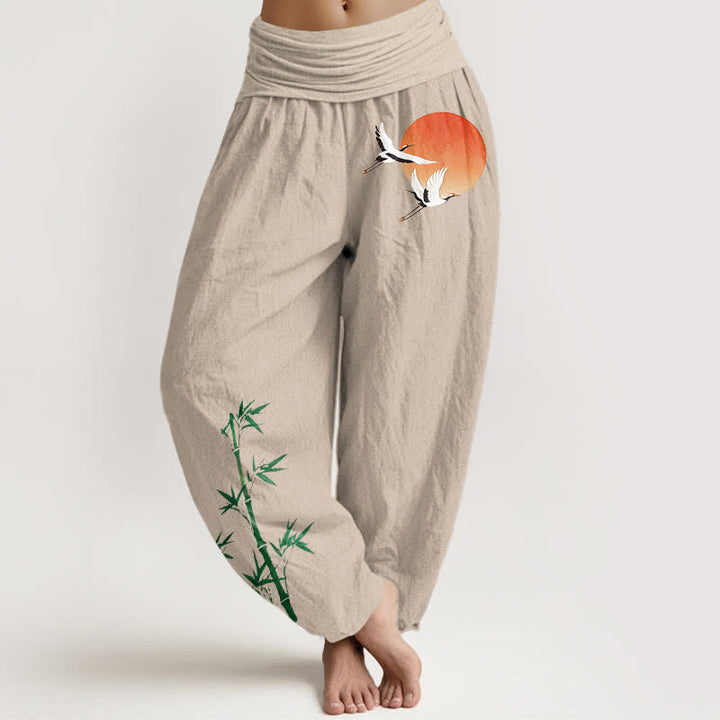 Buddha Stones Damen-Haremshose aus reiner Baumwolle mit Sonnenkranich- und Bambusmuster, elastischer Bund - Leinen - US16, UK/AU20, EU48 (3XL) - image 0