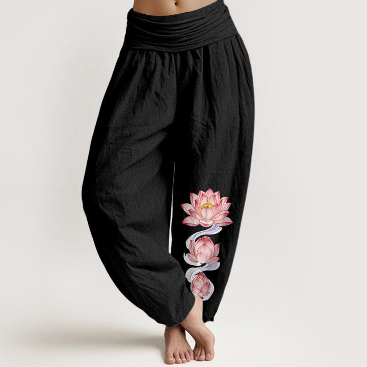 Buddha Stones Damen-Haremshose aus reiner Baumwolle mit rosa Lotusmuster und elastischem Bund - Schwarz - US16, UK/AU20, EU48 (3XL) - image 0
