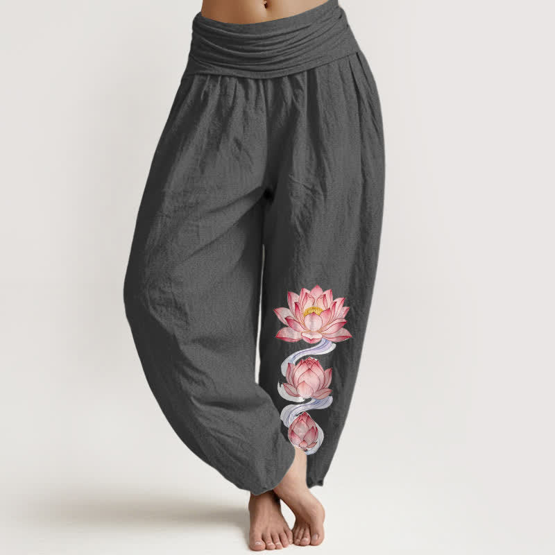 Buddha Stones Damen-Haremshose aus reiner Baumwolle mit rosa Lotusmuster und elastischem Bund - DimGray - US16, UK/AU20, EU48 (3XL) - image 8