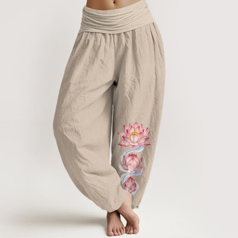 Buddha Stones Damen-Haremshose aus reiner Baumwolle mit rosa Lotusmuster und elastischem Bund - Leinen - US16, UK/AU20, EU48 (3XL) - image 11