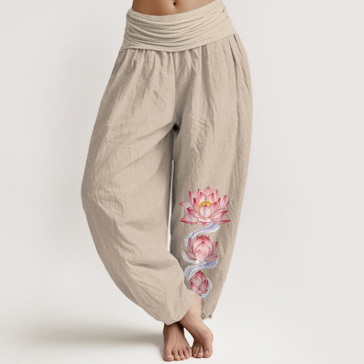 Buddha Stones Damen-Haremshose aus reiner Baumwolle mit rosa Lotusmuster und elastischem Bund - Leinen - US16, UK/AU20, EU48 (3XL) - image 11