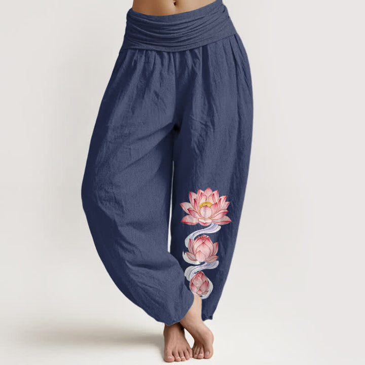 Buddha Stones Damen-Haremshose aus reiner Baumwolle mit rosa Lotusmuster und elastischem Bund - Dunkelschieferblau - US16, UK/AU20, EU48 (3XL) - image 5