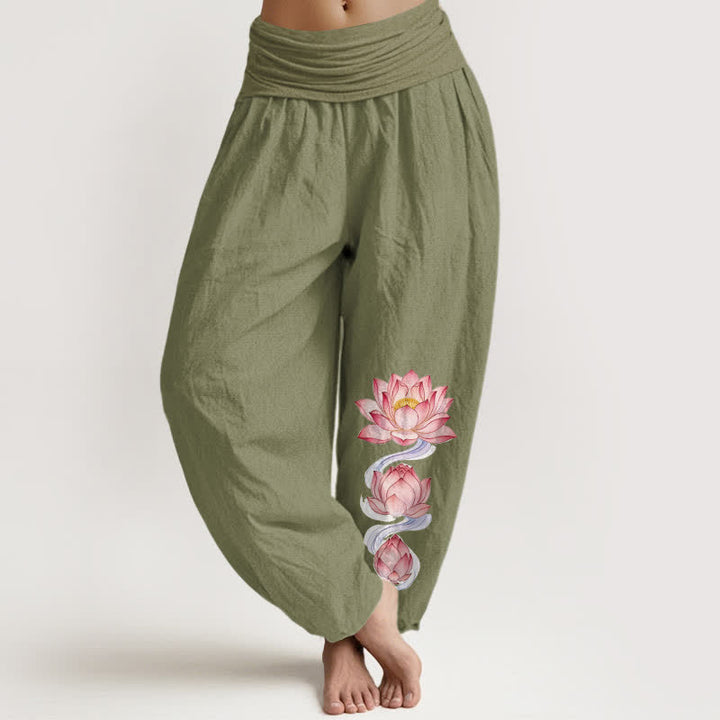 Buddha Stones Damen-Haremshose aus reiner Baumwolle mit rosa Lotusmuster und elastischem Bund - Olivgrün - US16, UK/AU20, EU48 (3XL) - image 14