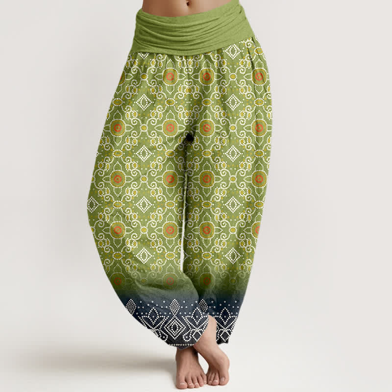 Buddha Stones Baumwoll-Haremshose mit böhmischem, geometrischem Blumenmuster und elastischem Bund für Damen - Gelbgrün - US16, UK/AU20, EU48 (3XL) - image 0
