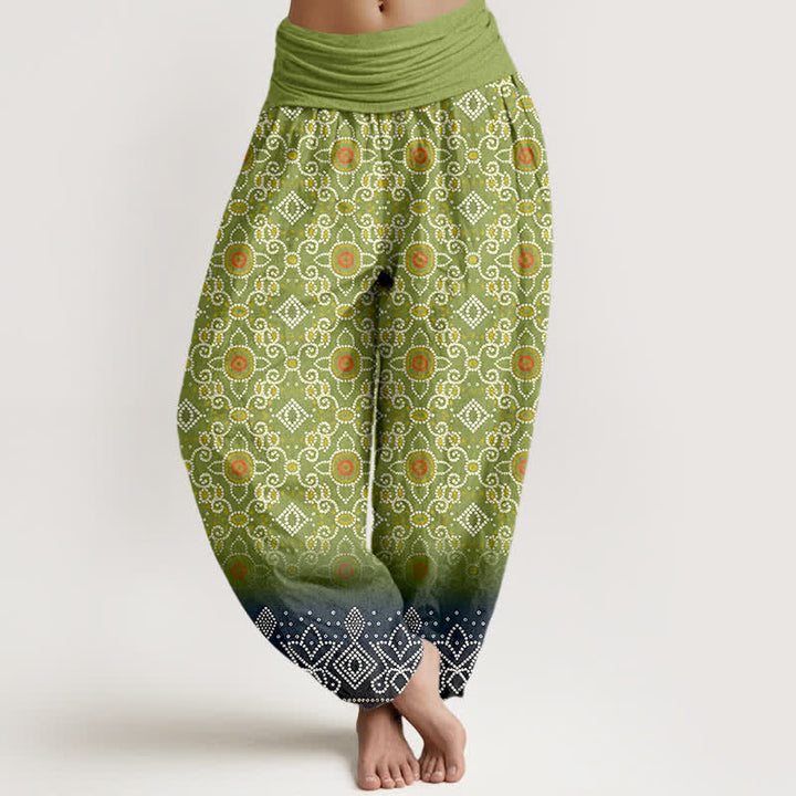 Buddha Stones Baumwoll-Haremshose mit böhmischem, geometrischem Blumenmuster und elastischem Bund für Damen - Gelbgrün - US16, UK/AU20, EU48 (3XL) - image 0