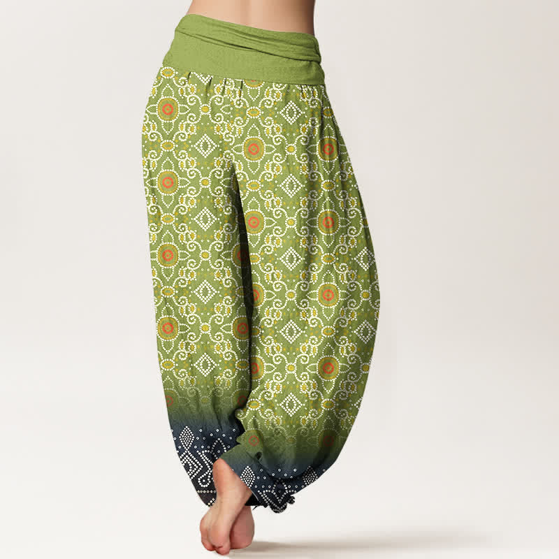 Buddha Stones Baumwoll-Haremshose mit böhmischem, geometrischem Blumenmuster und elastischem Bund für Damen - image 1