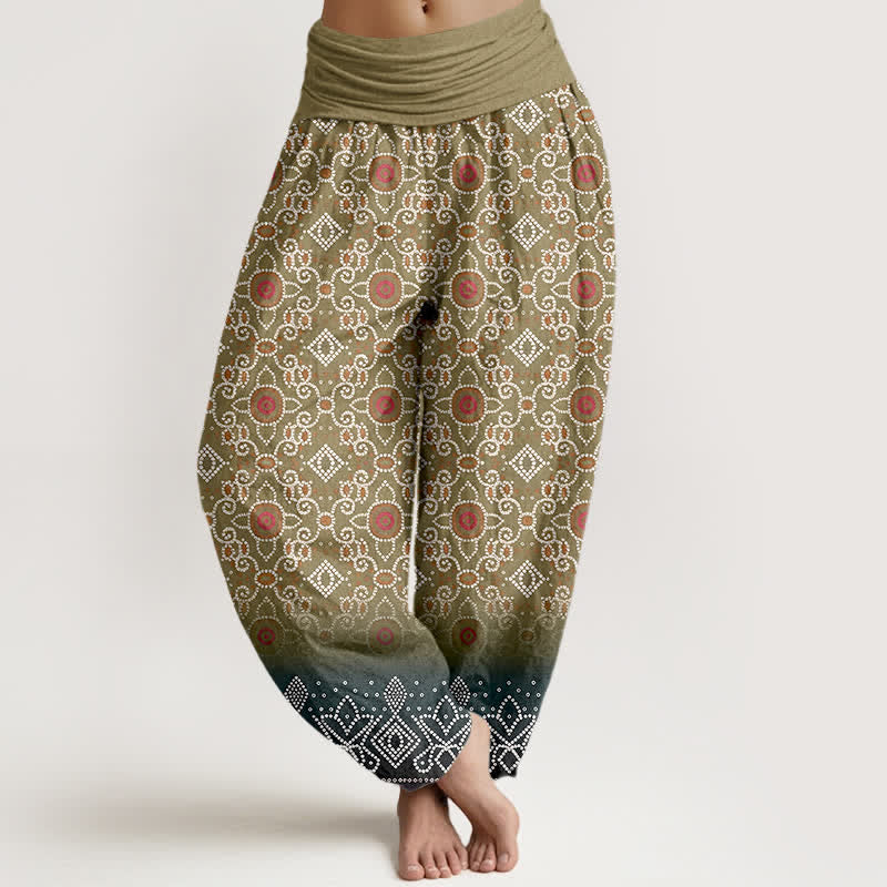 Buddha Stones Baumwoll-Haremshose mit böhmischem, geometrischem Blumenmuster und elastischem Bund für Damen - Olive - US16, UK/AU20, EU48 (3XL) - image 5