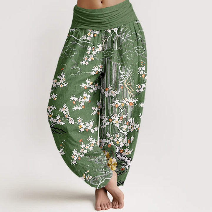 Buddha Stones Haremshose aus reiner Baumwolle mit weißem Blumenranken- und Wolkenmuster sowie elastischem Bund. - Olivgrün - US16, UK/AU20, EU48 (3XL) - image 0