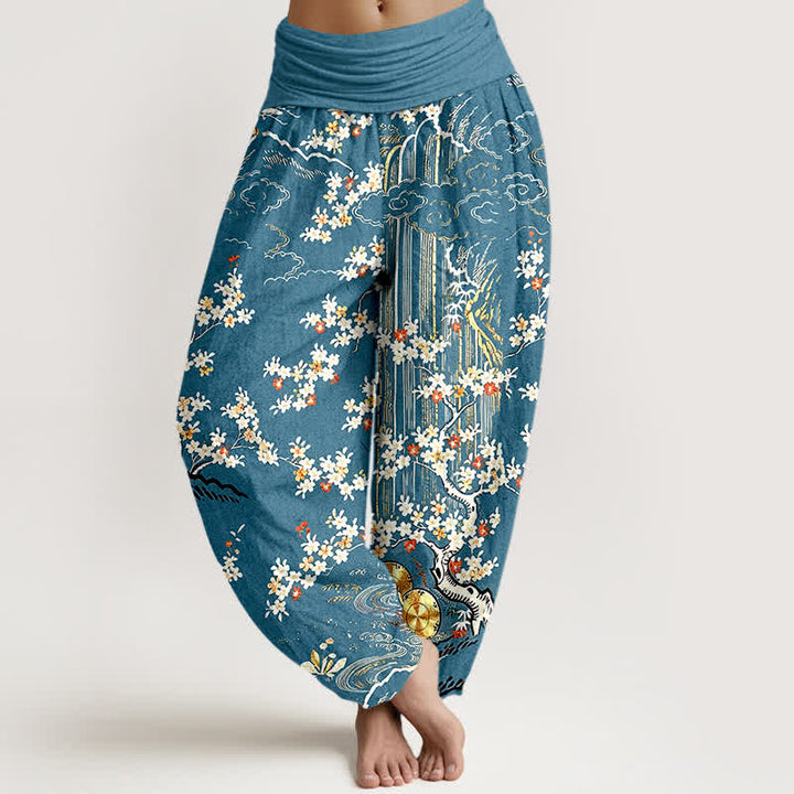 Buddha Stones Haremshose aus reiner Baumwolle mit weißem Blumenranken- und Wolkenmuster sowie elastischem Bund. - Türkis - US16, UK/AU20, EU48 (3XL) - image 5