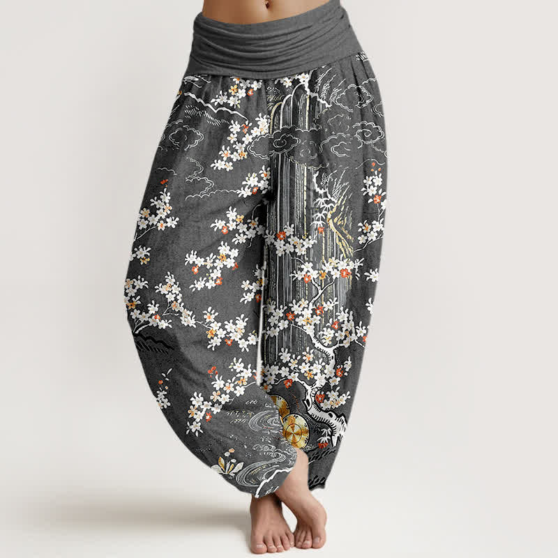Buddha Stones Haremshose aus reiner Baumwolle mit weißem Blumenranken- und Wolkenmuster sowie elastischem Bund. - DimGray - US16, UK/AU20, EU48 (3XL) - image 8
