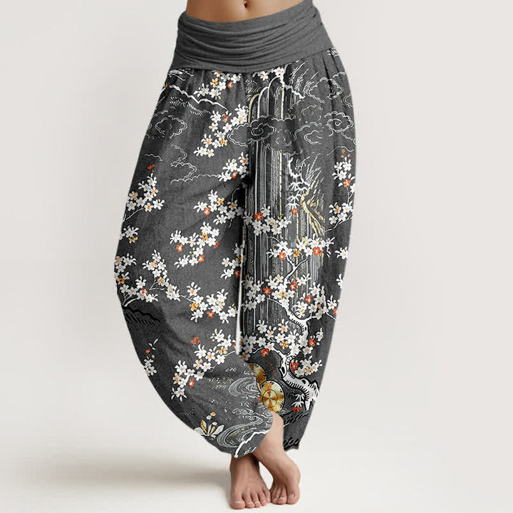 Buddha Stones Haremshose aus reiner Baumwolle mit weißem Blumenranken- und Wolkenmuster sowie elastischem Bund. - DimGray - US16, UK/AU20, EU48 (3XL) - image 8