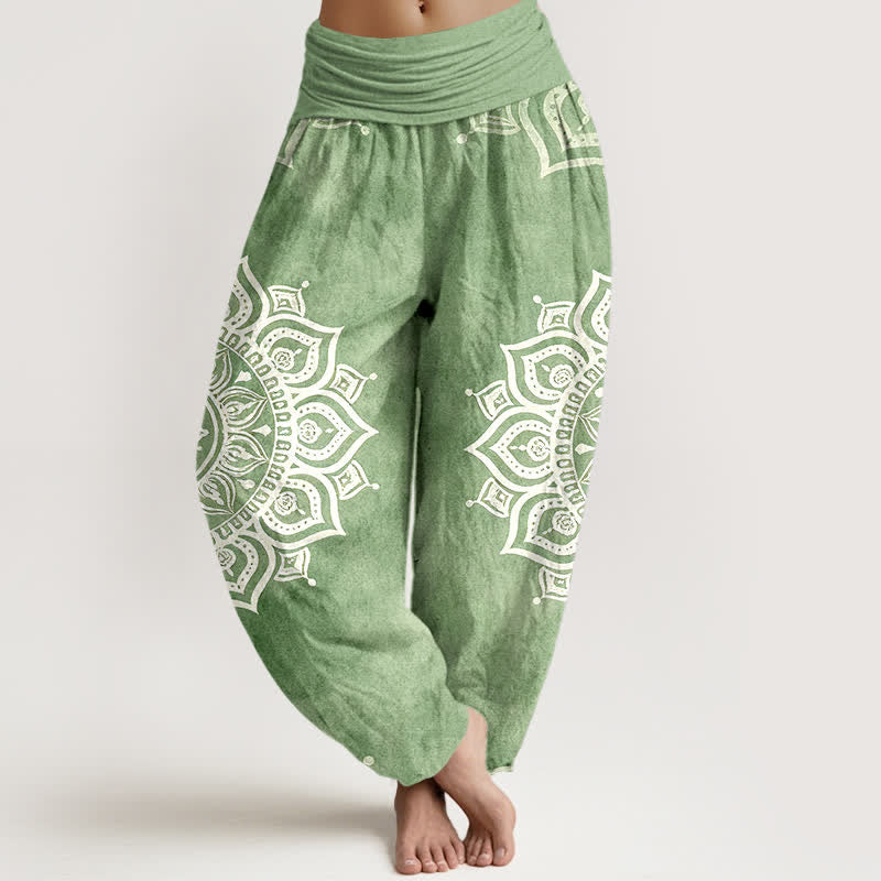 Buddha Stones Weiße Haremshose aus reiner Baumwolle mit Mandala-Blumenmuster und elastischem Bund. - Hellgrün - US16, UK/AU20, EU48 (3XL) - image 0