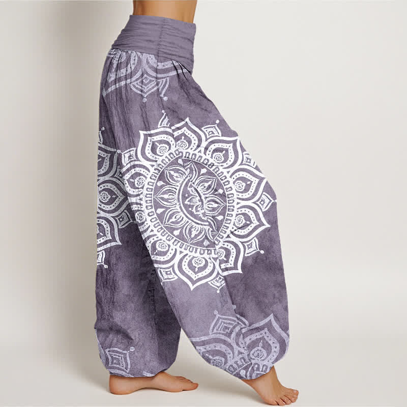 Buddha Stones Weiße Haremshose aus reiner Baumwolle mit Mandala-Blumenmuster und elastischem Bund. - image 7