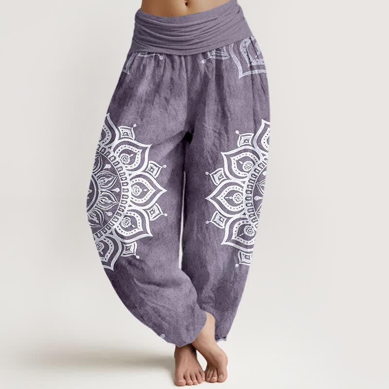 Buddha Stones Weiße Haremshose aus reiner Baumwolle mit Mandala-Blumenmuster und elastischem Bund. - Mittelviolett - US16, UK/AU20, EU48 (3XL) - image 5