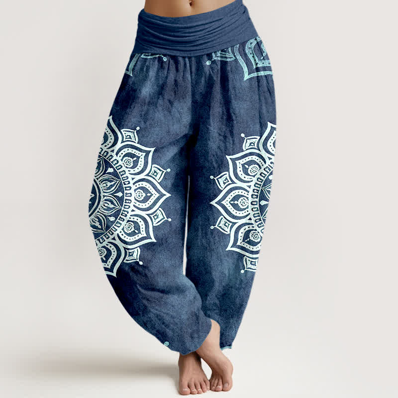 Buddha Stones Weiße Haremshose aus reiner Baumwolle mit Mandala-Blumenmuster und elastischem Bund. - SteelBlue - US16, UK/AU20, EU48 (3XL) - image 8