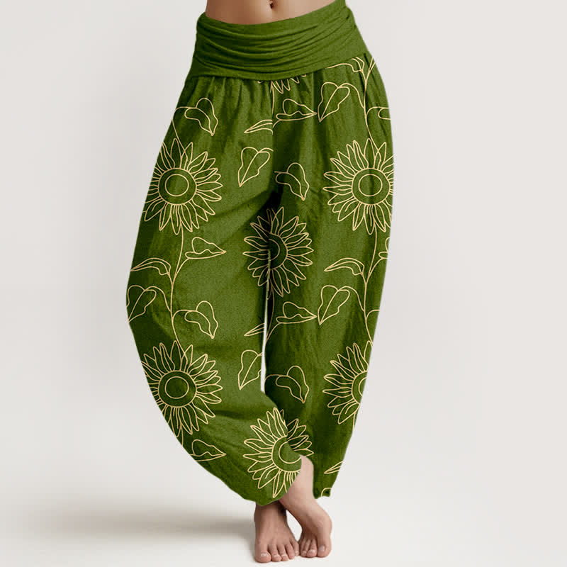 Buddha Stones Baumwoll-Haremshose mit goldenem Sonnenblumenmuster und elastischem Bund für Damen - Olivgrün - US16, UK/AU20, EU48 (3XL) - image 0