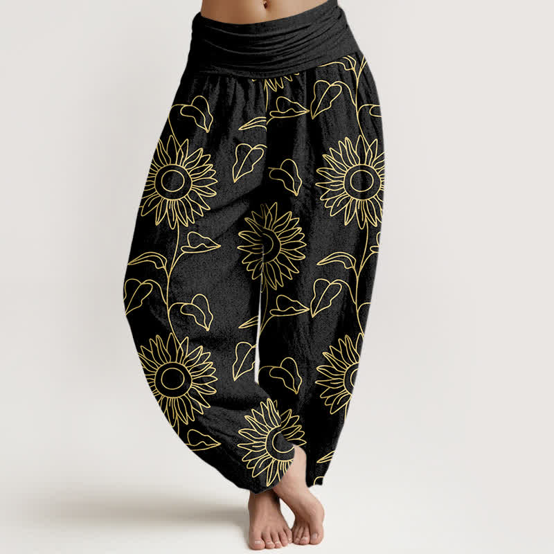 Buddha Stones Baumwoll-Haremshose mit goldenem Sonnenblumenmuster und elastischem Bund für Damen - Schwarz - US16, UK/AU20, EU48 (3XL) - image 5