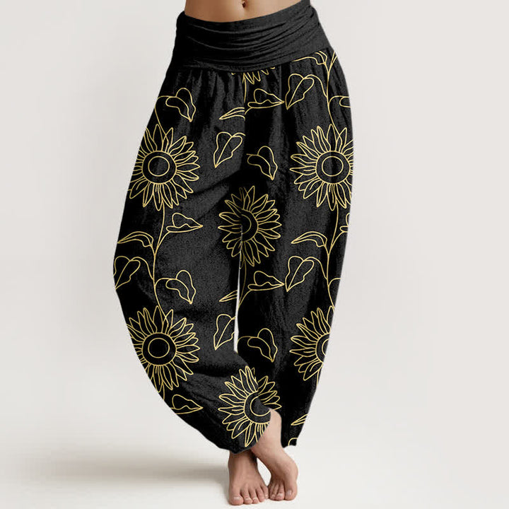 Buddha Stones Baumwoll-Haremshose mit goldenem Sonnenblumenmuster und elastischem Bund für Damen - Schwarz - US16, UK/AU20, EU48 (3XL) - image 5