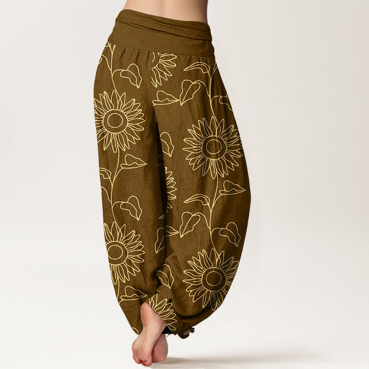 Buddha Stones Baumwoll-Haremshose mit goldenem Sonnenblumenmuster und elastischem Bund für Damen - image 9