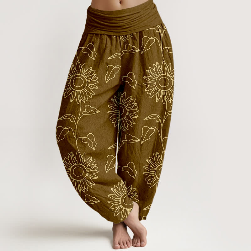 Buddha Stones Baumwoll-Haremshose mit goldenem Sonnenblumenmuster und elastischem Bund für Damen - Dunkelgoldenrod - US16, UK/AU20, EU48 (3XL) - image 8