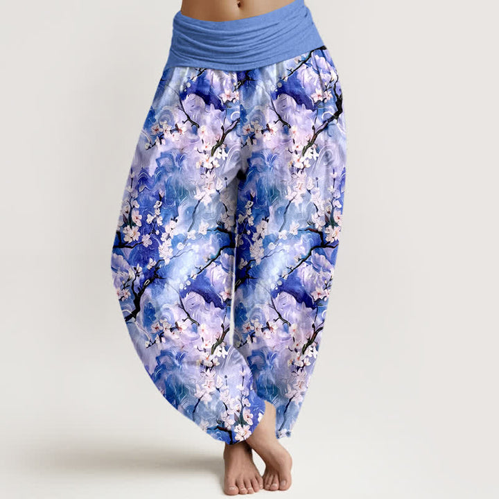 Buddha Stones Damen-Haremshose aus reiner Baumwolle mit Aquarell-Blumenmuster und elastischem Bund - Mittelschieferblau - US16, UK/AU20, EU48 (3XL) - image 0