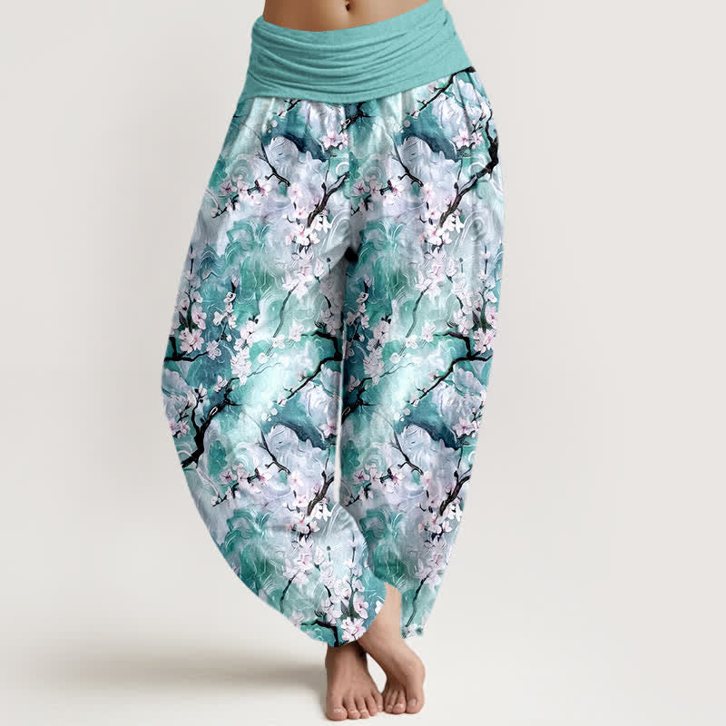 Buddha Stones Damen-Haremshose aus reiner Baumwolle mit Aquarell-Blumenmuster und elastischem Bund - Türkis - US16, UK/AU20, EU48 (3XL) - image 5