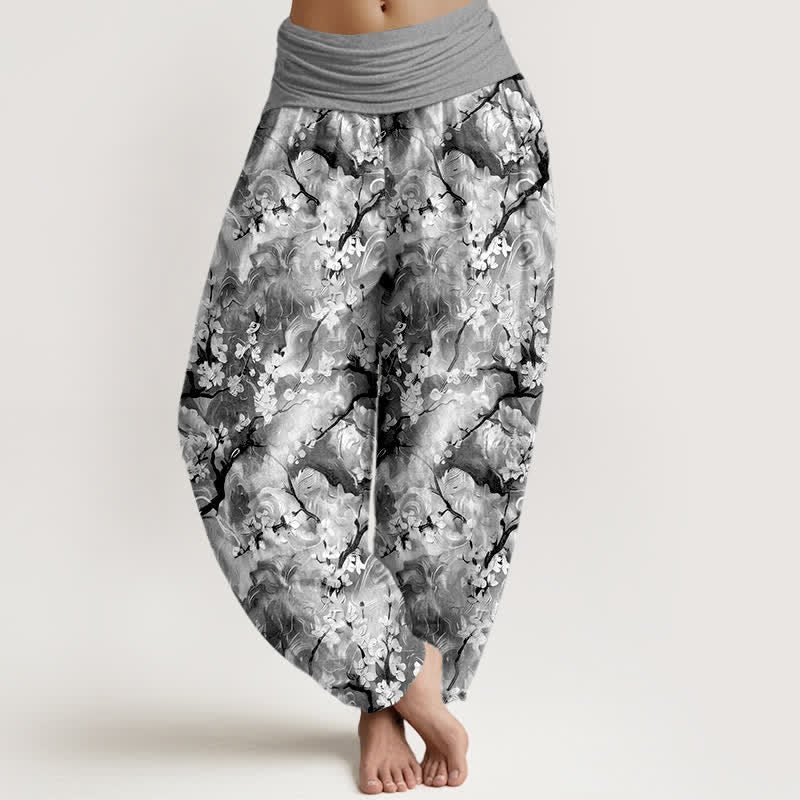 Buddha Stones Damen-Haremshose aus reiner Baumwolle mit Aquarell-Blumenmuster und elastischem Bund - Grau - US16, UK/AU20, EU48 (3XL) - image 8