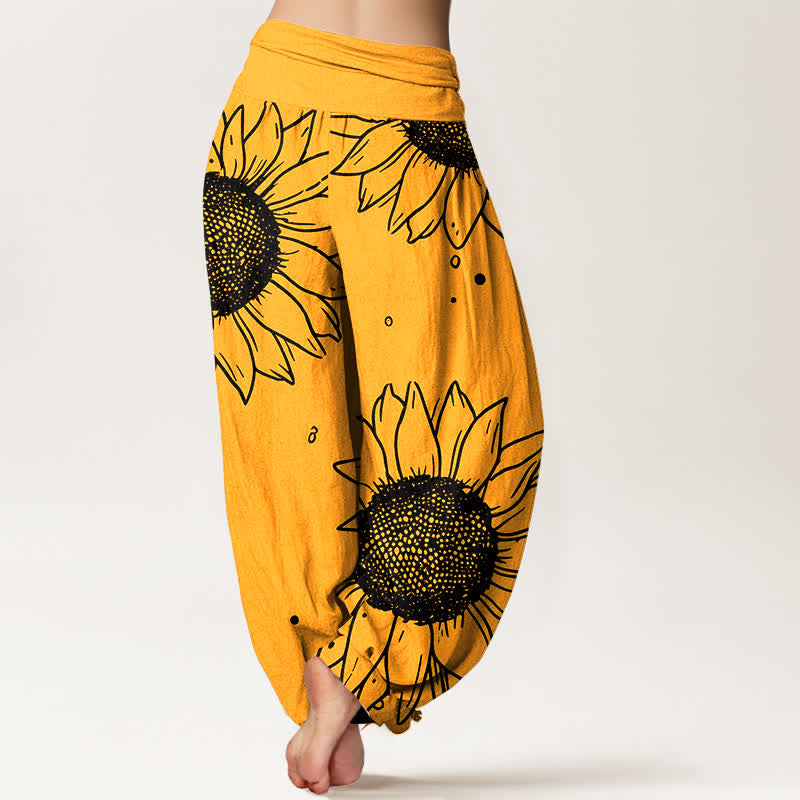 Buddha Stones Damen-Haremshose aus reiner Baumwolle mit Sonnenblumenmuster und elastischem Bund - image 1