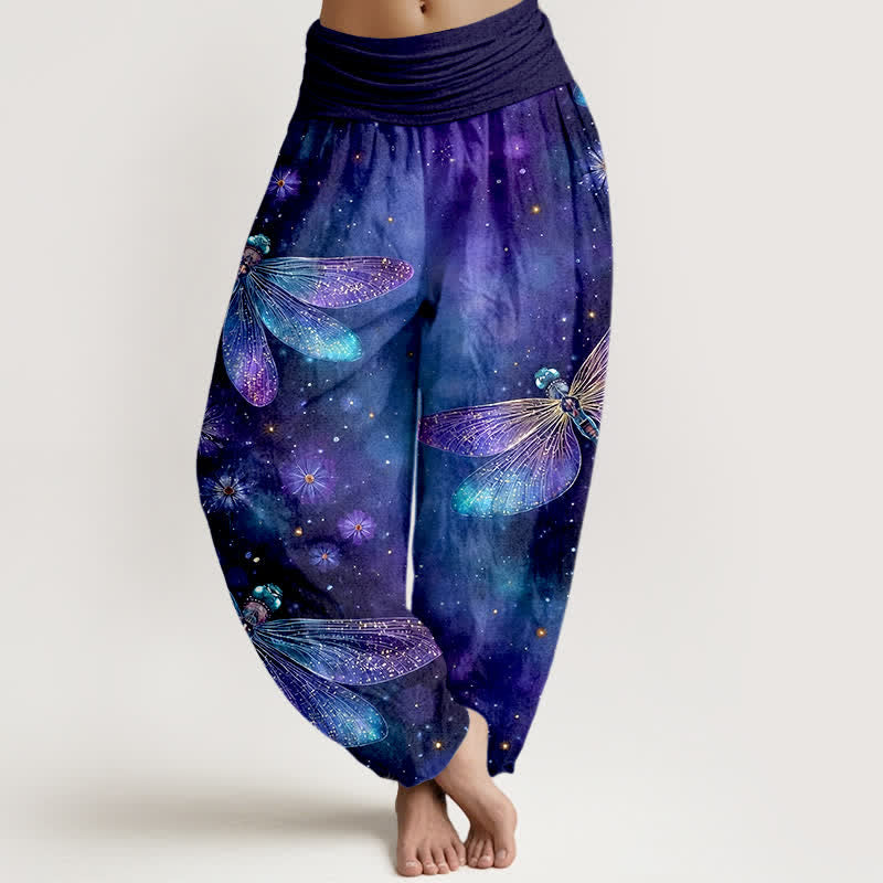 Buddha Stones Baumwoll-Haremshose mit traumhaftem Libellen- und Blumenmuster, elastischer Bund, für Damen. - Indigo - US16, UK/AU20, EU48 (3XL) - image 0