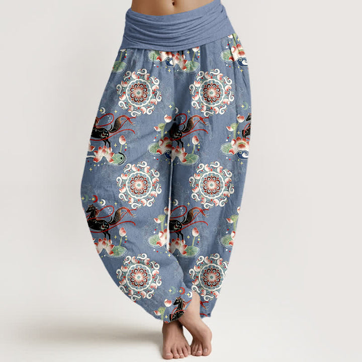 Buddha Stones Damen-Haremshose aus reiner Baumwolle mit Pferde-, Lotus- und Mandala-Muster und elastischem Bund - SteelBlue - US16, UK/AU20, EU48 (3XL) - image 0