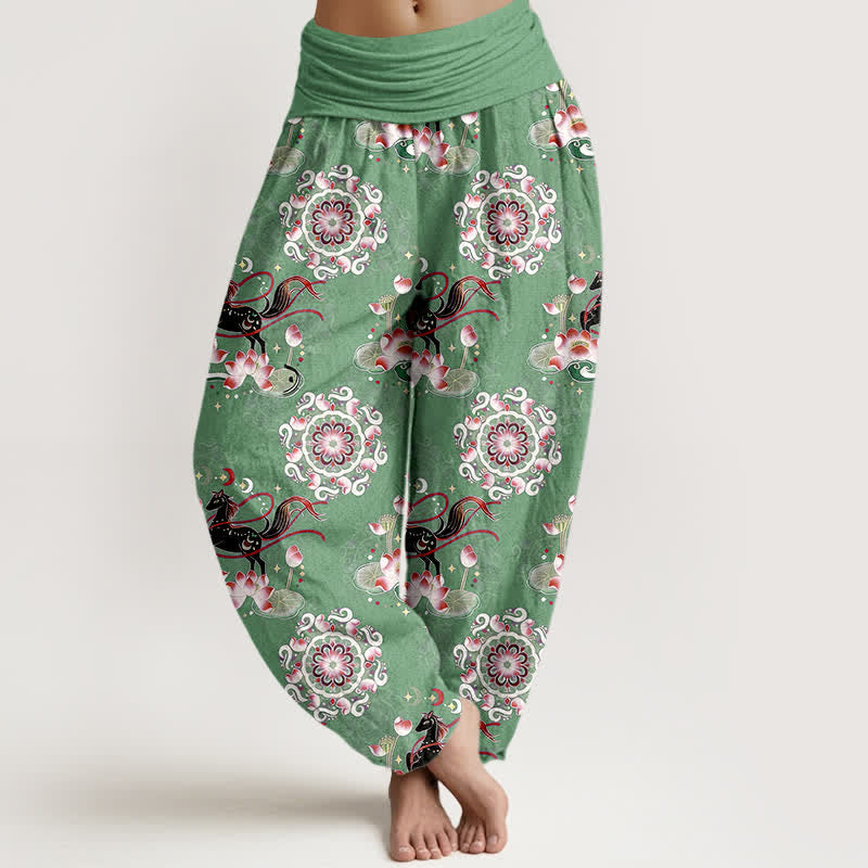 Buddha Stones Damen-Haremshose aus reiner Baumwolle mit Pferde-, Lotus- und Mandala-Muster und elastischem Bund - Mittelseegrün - US16, UK/AU20, EU48 (3XL) - image 5